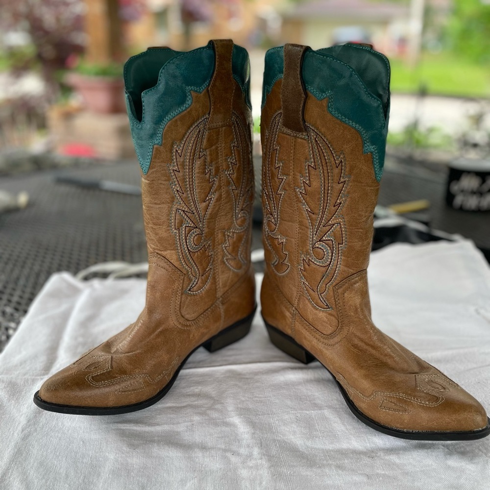 Coconuts by Matisse Tan and Teal Heeled Boots - Picture 10 of 13